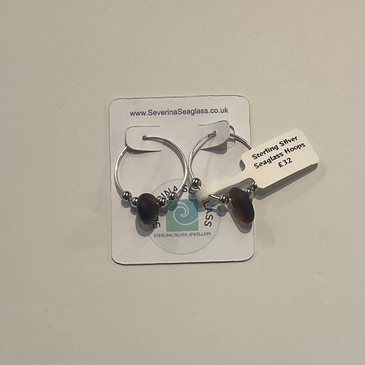 Silver seaglass hoops (Large - Brown With silver beads)