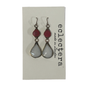 A pair of teardrop-shaped dangle earrings displayed on a white card. Each earring has a small dark red teardrop above a larger pale gray teardrop with a silver-toned metal border and hook.
