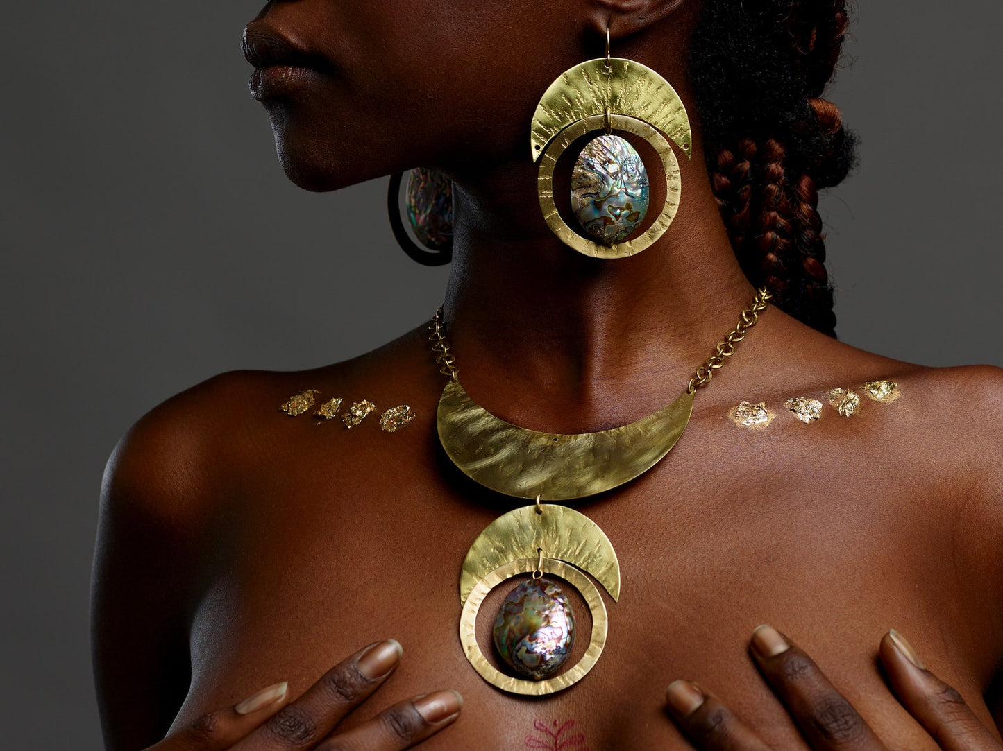 Large Statement mother of pearl gold Earrings - by Palomita Jewellery