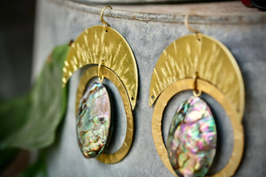 Large Statement Mother of Pearl Golden Earrings - by Palomita Jewellery