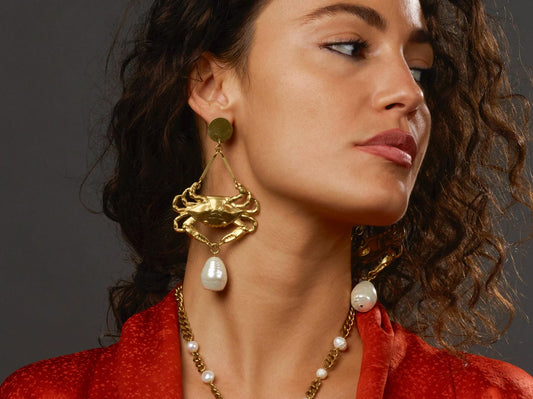 Brass Crab Pearl Statement Earrings - by Palomita Jewellery