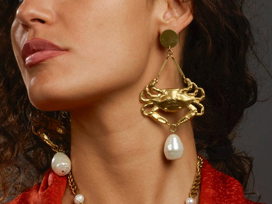 Brass Crab Pearl Statement Earrings - by Palomita Jewellery