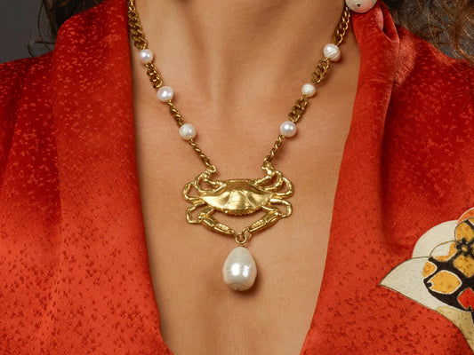 Gold Brass Crab Pendant Necklace - by Palomita Jewellery