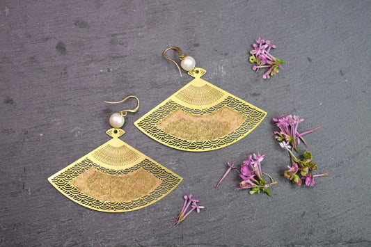 Fan Brass Earrings with Freshwater Pearls - by Palomita Jewellery