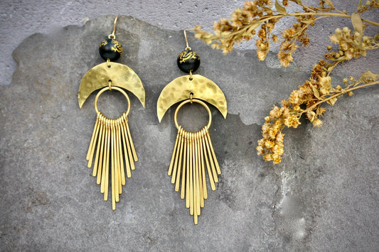 Gold Brass Onyx Dragon Earrings - by Palomita Jewellery
