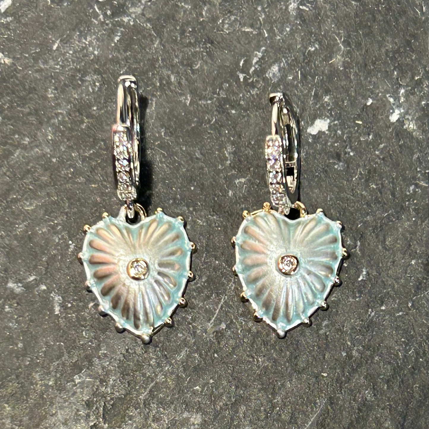 Iridescent Heart Drop Earrings by Pom di Pom