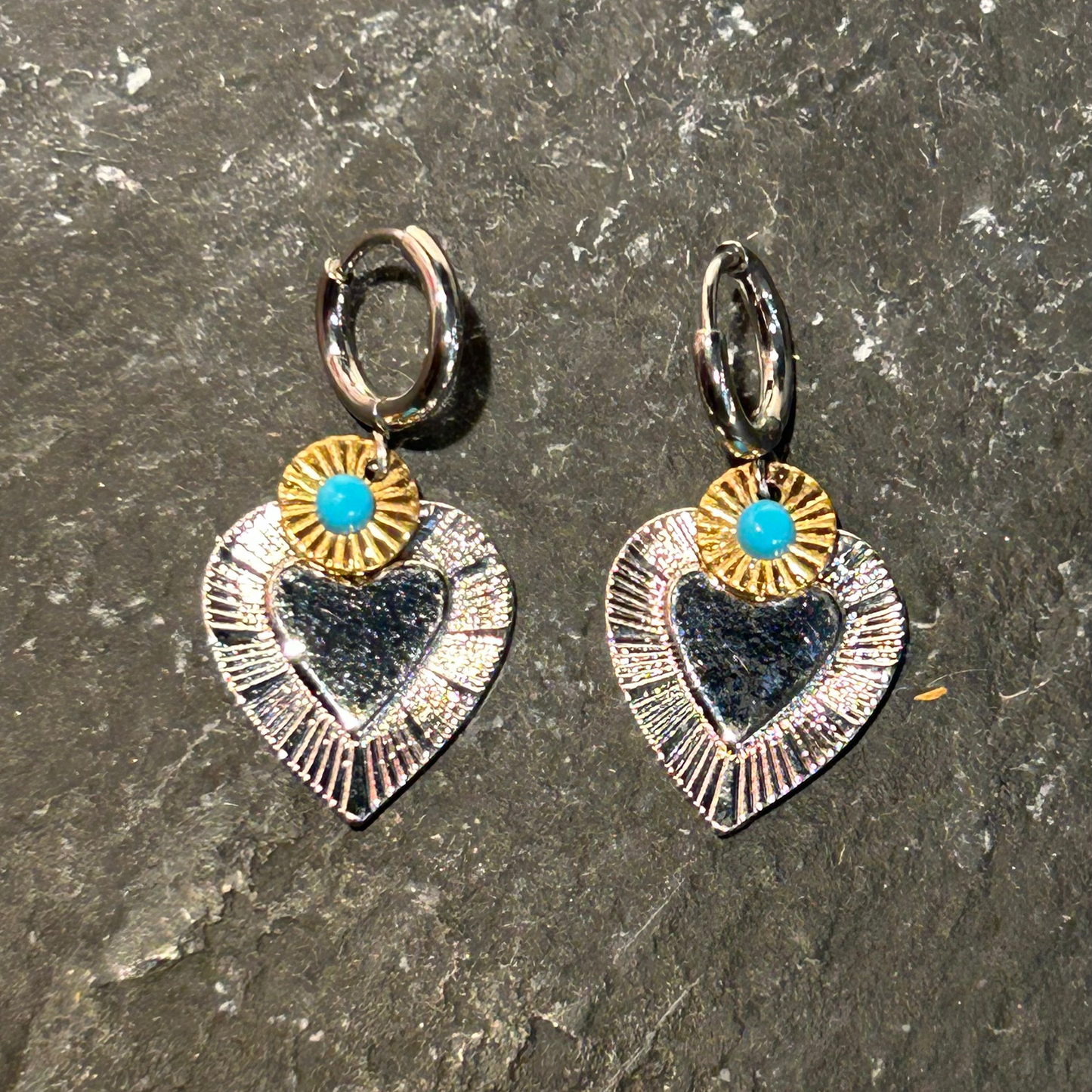 Silver and Gold Heart Earrings by Pom di Pom