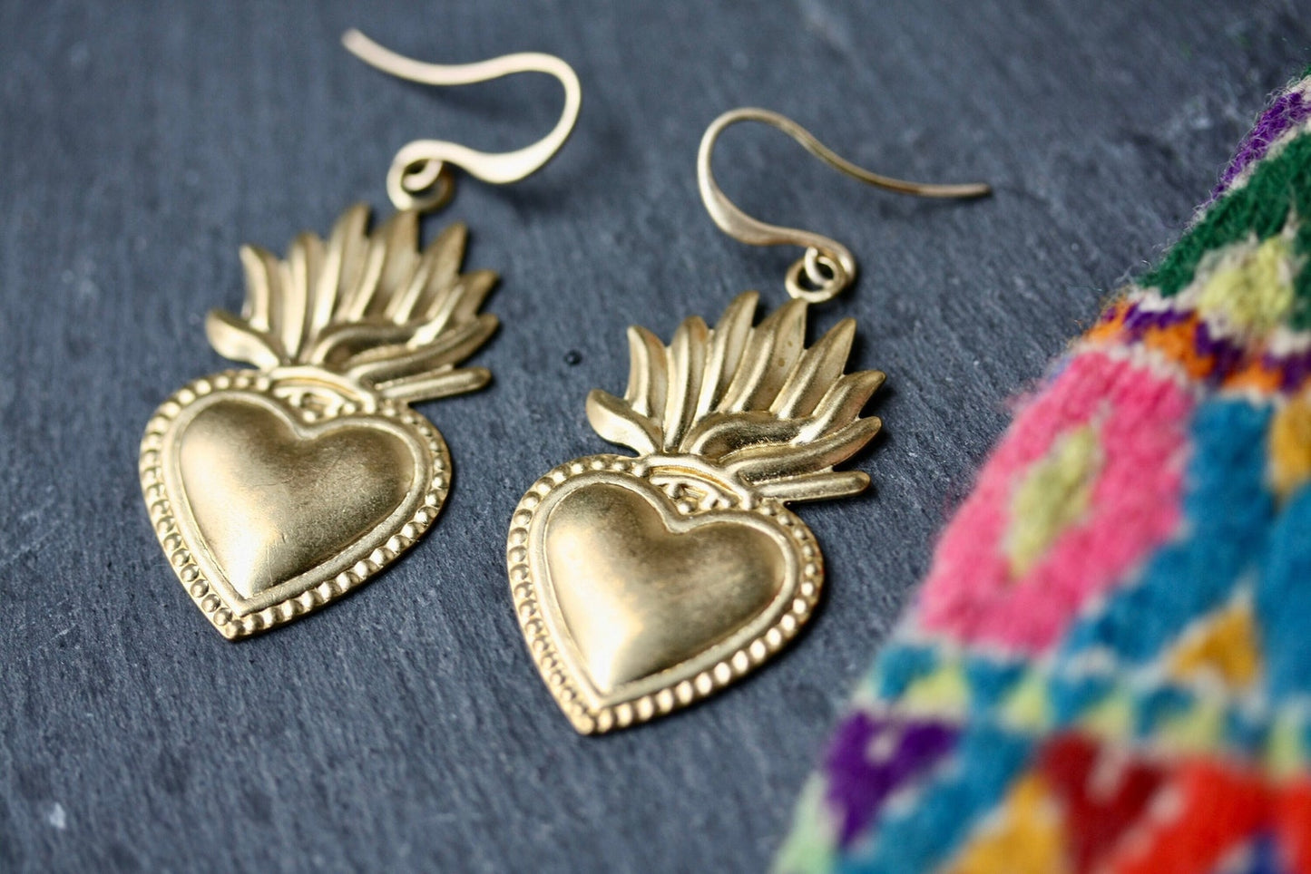 Flaming Sacred Heart Dangle Earrings - by Palomita Jewellery