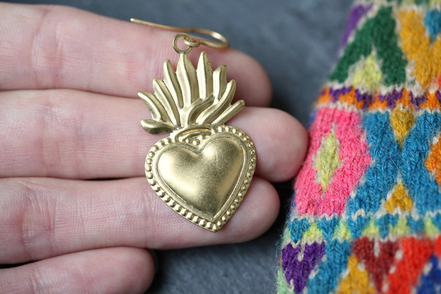 Flaming Sacred Heart Dangle Earrings - by Palomita Jewellery