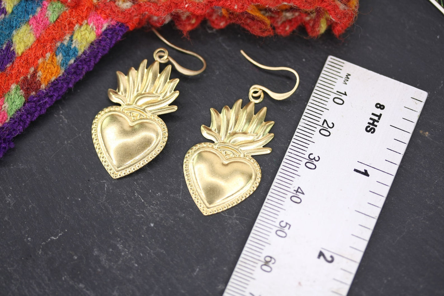 Flaming Sacred Heart Dangle Earrings - by Palomita Jewellery