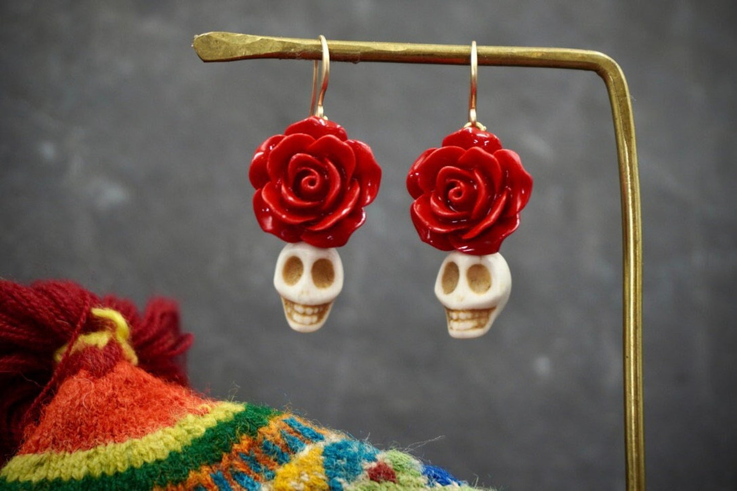 Halloween Sugar Skull Earrings Day of the Dead Rose Earrings  - by Palomita Jewellery