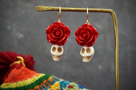 Halloween Sugar Skull Earrings Day of the Dead Rose Earrings  - by Palomita Jewellery