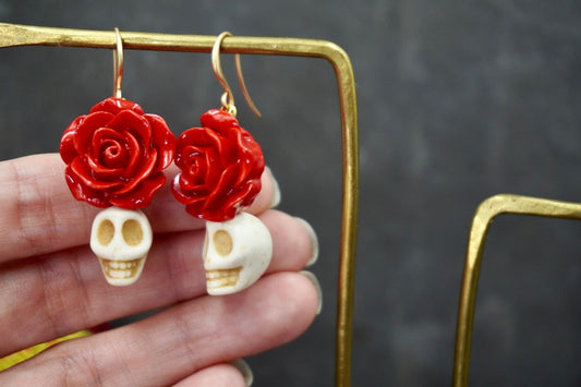 Halloween Sugar Skull Earrings Day of the Dead Rose Earrings  - by Palomita Jewellery