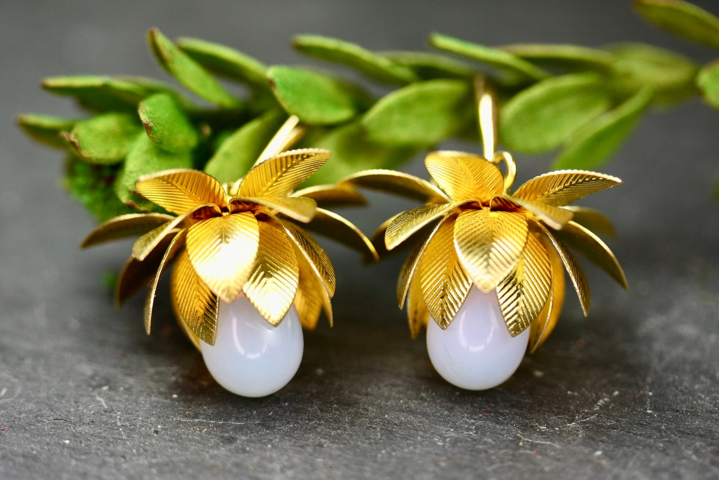 3D Gold Flower Opalite Drop Earrings  - by Palomita Jewellery