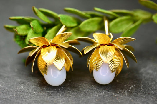 3D Gold Flower Opalite Drop Earrings  - by Palomita Jewellery