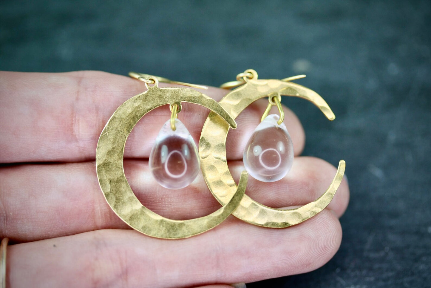 Hammered Brass Moon Earrings - by Palomita Jewellery