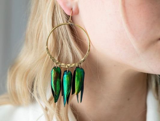 Iridescent Beetle Wings Gold Hoop Earrings - by Palomita Jewellery