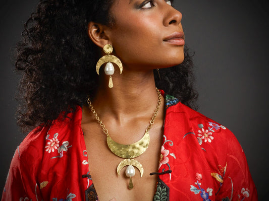 Brass Statement Pearl Earrings - by Palomita Jewellery