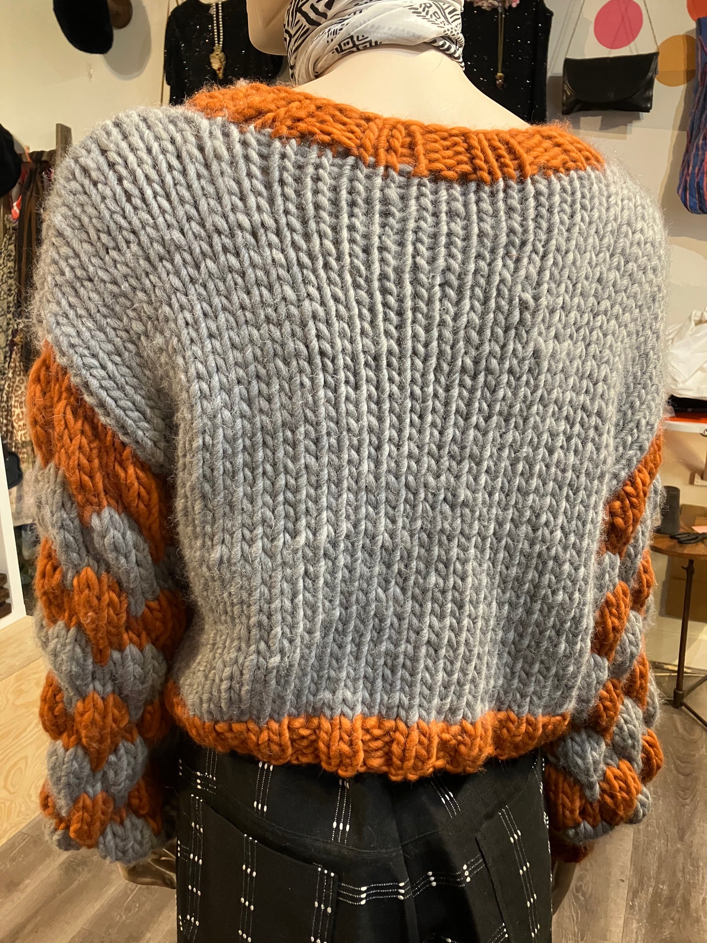Grey And Rust Merino Handmade Knit Jumper With Bubble Sleeves by 12.5MM