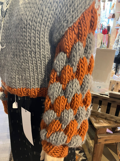 Grey And Rust Merino Handmade Knit Jumper With Bubble Sleeves by 12.5MM