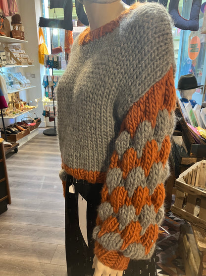 Grey And Rust Merino Handmade Knit Jumper With Bubble Sleeves by 12.5MM