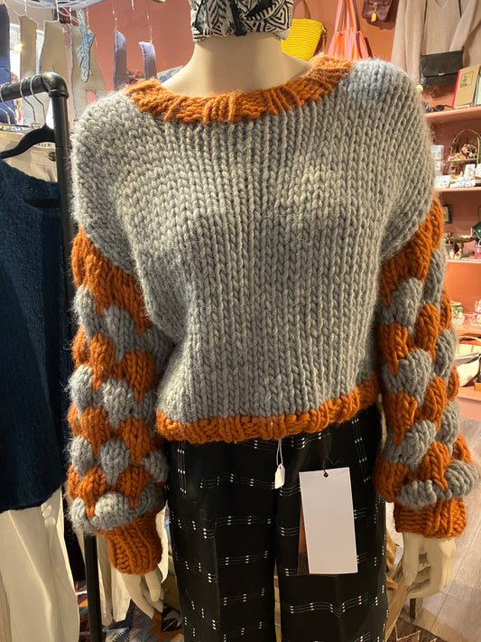 Grey And Rust Merino Handmade Knit Jumper With Bubble Sleeves by 12.5MM