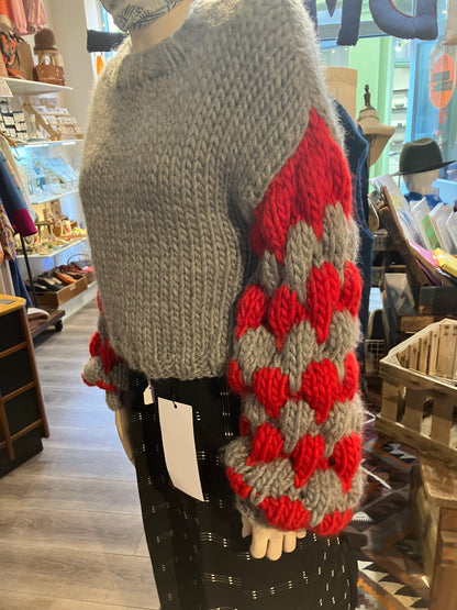 Grey And Red Merino Handmade Knit Jumper With Bubble Sleeves by 12.5MM