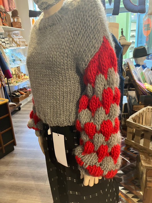Grey And Red Merino Handmade Knit Jumper With Bubble Sleeves by 12.5MM