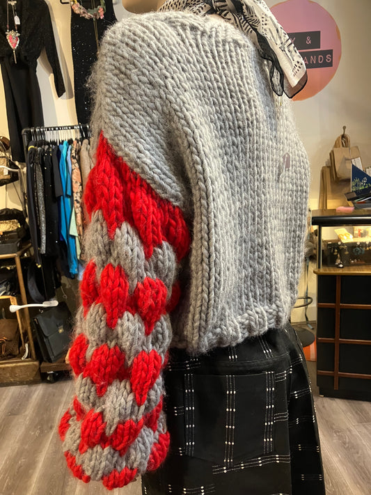 Grey And Red Merino Handmade Knit Jumper With Bubble Sleeves by 12.5MM