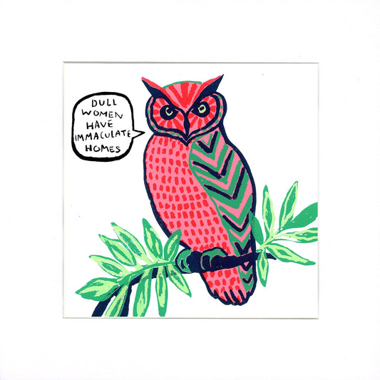 A square art print featuring a stylized illustration of an owl perched on a leafy branch. The owl is primarily pink with green chevron-patterned wings and a black outline.