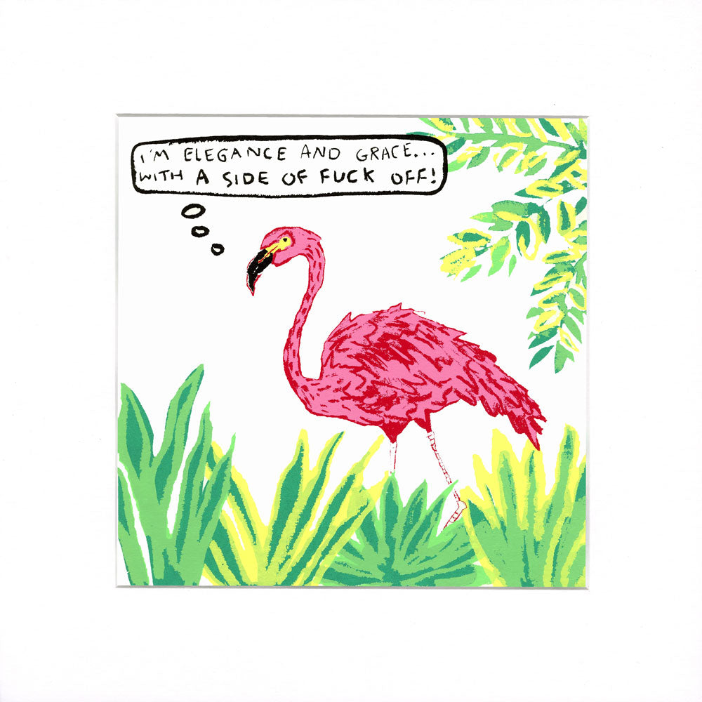 A square art print featuring a hand-drawn pink flamingo standing among bright green tropical leaves on a white background. A speech bubble above the flamingo reads, 'I'M ELEGANCE AND GRACE.