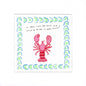 A square art print featuring a pink lobster illustration in the center, surrounded by a decorative border of blue and green arches, with handwritten text at the top on a white background.