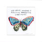 A square art print featuring a colorful illustrated butterfly with blue, red, black, and cream wings on a white background, with handwritten text above reading, 'LIFE CHOICE: WINGING IT ADULTING. PARENTING.
