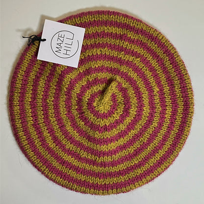 Hand-Knitted Merino Blend Wool Beret In Mustard & Pink by Maze Hill