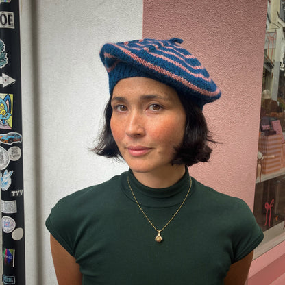 Hand-Knitted Merino Blend Wool Beret In Navy & Pink by Maze Hill