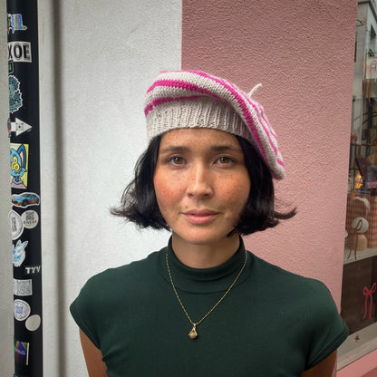 Hand-Knitted Merino Blend Beret In Cream & Pink by Maze Hill