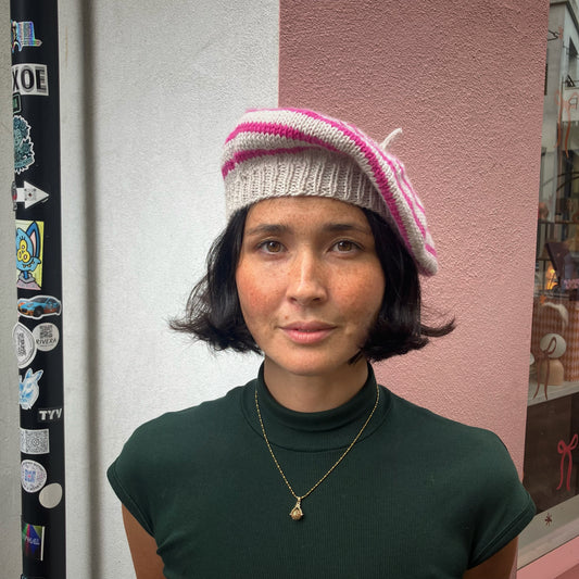 Hand-Knitted Merino Blend Beret In Cream & Pink by Maze Hill