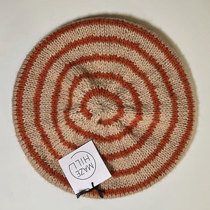 Hand-Knitted Rust & Natural Stripe Merino Wool Blend Beret by Maze Hill