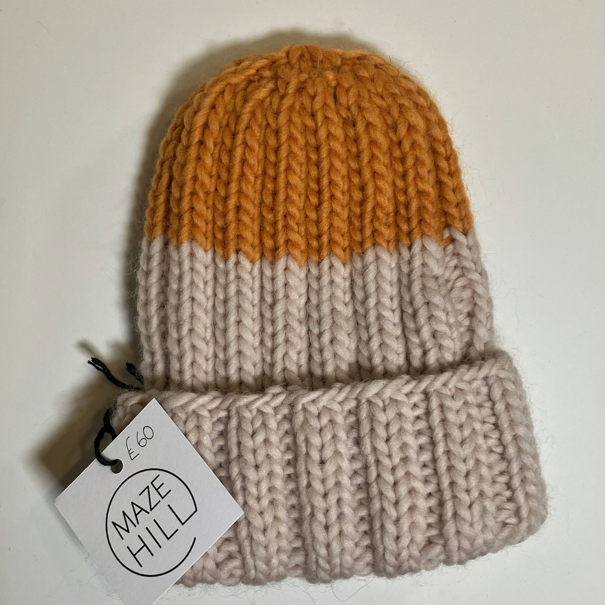 Two-Tone Mustard & Cream Merino Blend Beanie by Maze Hill