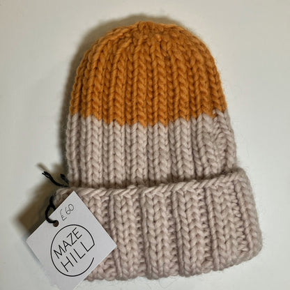 Two-Tone Mustard & Cream Merino Blend Beanie by Maze Hill