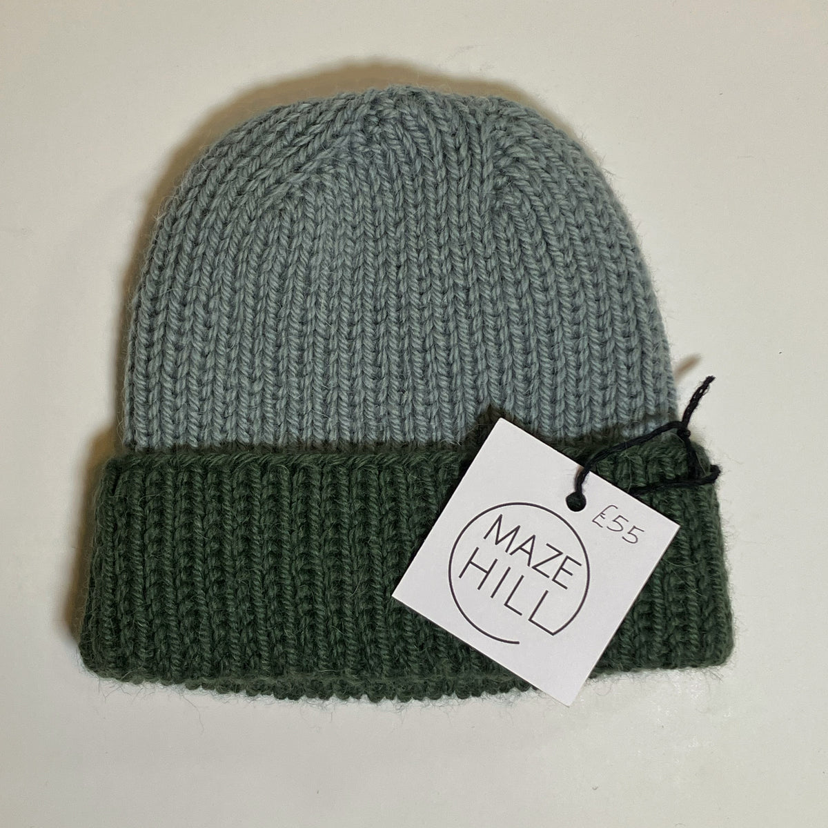 Sage Grey & Forest Green Handmade Beanie In Merino Blend By Maze Hill