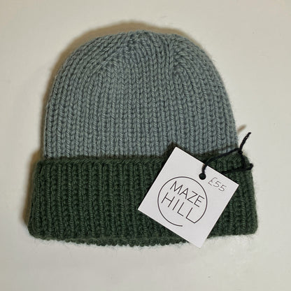 Sage Grey & Forest Green Handmade Beanie In Merino Blend By Maze Hill