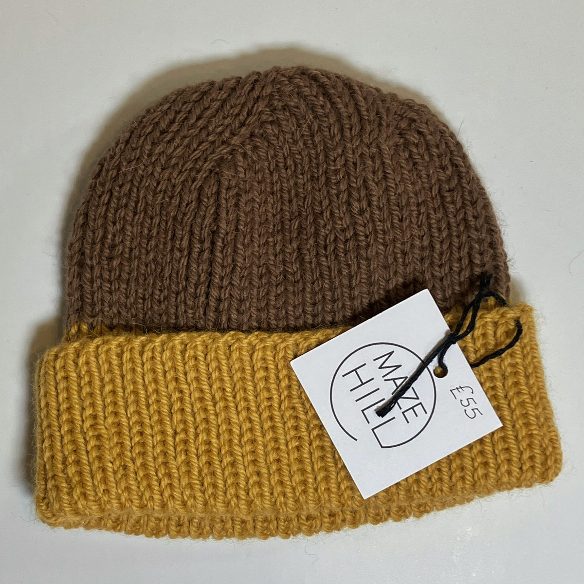 Mustard Yellow & Brown Merino Blend Beanie by Maze Hill