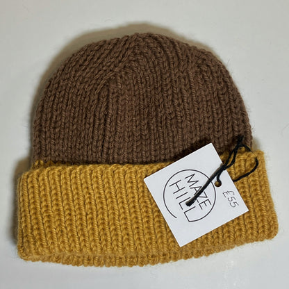 Mustard Yellow & Brown Merino Blend Beanie by Maze Hill