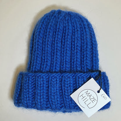 Cobalt Blue Chunky Ribbed Beanie In Merino Blend by Maze Hill