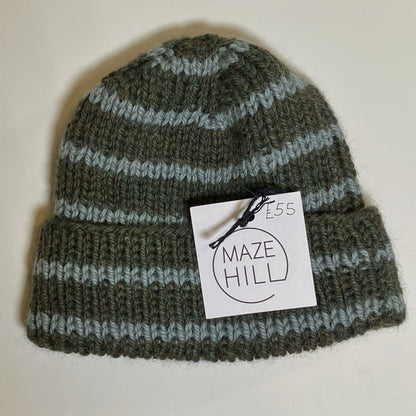 Olive & Powder Blue Striped Merino Blend Beanie by Maze Hill