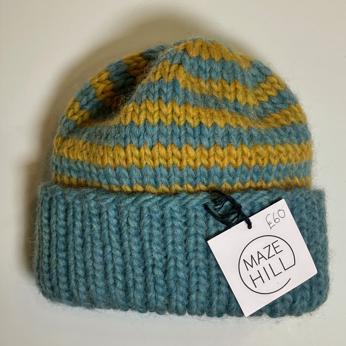 Blue & Mustard Striped Merino Blend Beanie by Maze Hill