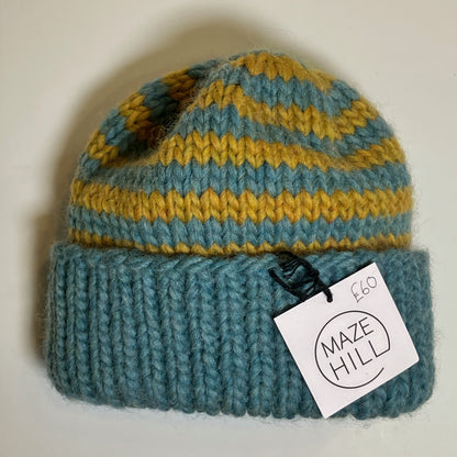 Blue & Mustard Striped Merino Blend Beanie by Maze Hill