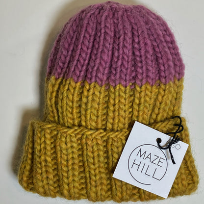 Mustard Yellow & Mauve Merino Blend Knitted Beanie by Maze Hill