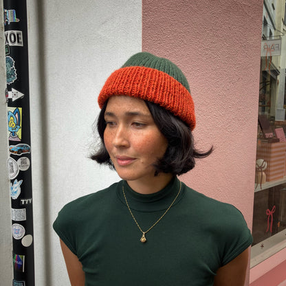 Rust Orange & Forest Green Knitted Merino Blend Beanie by Maze Hill